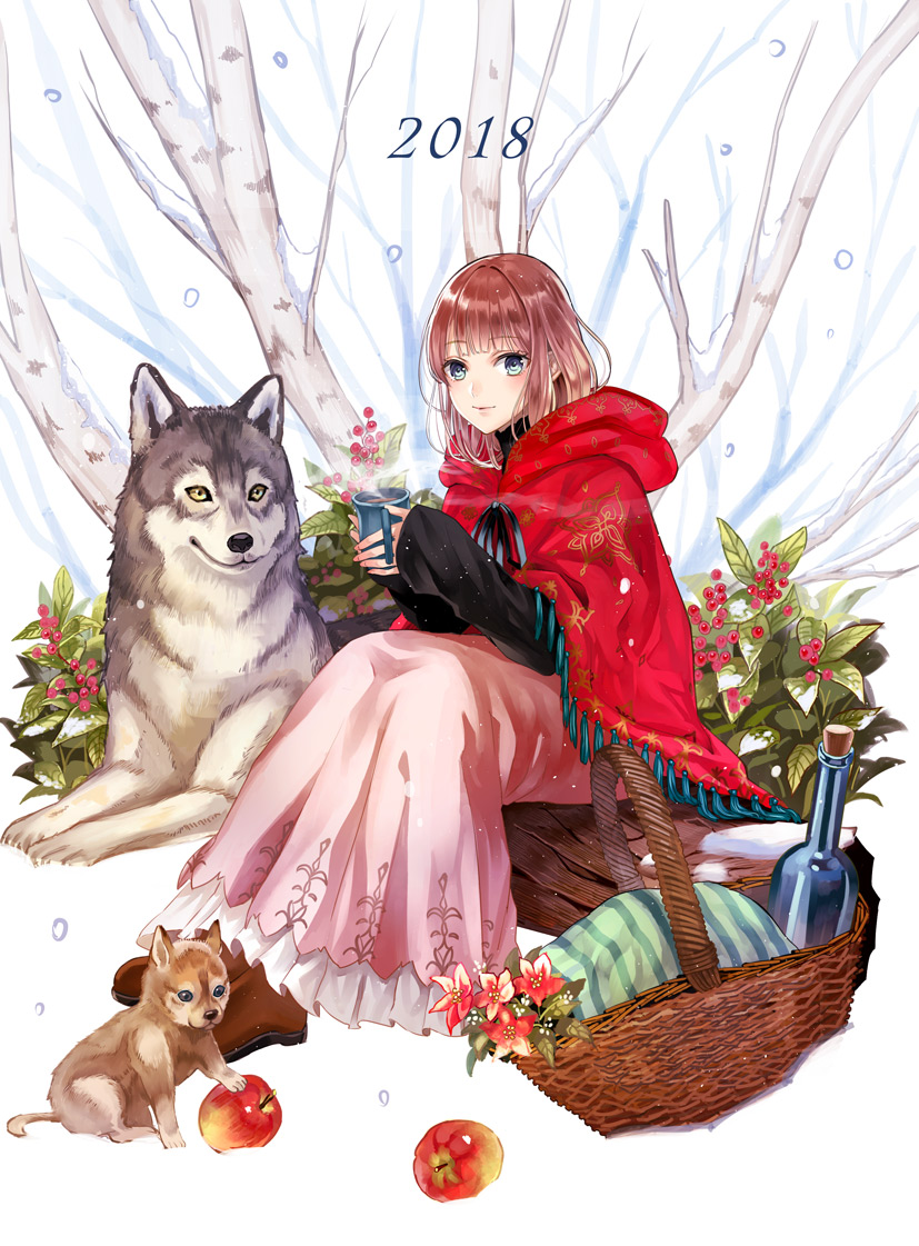 1girl 2018 apple basket blush bottle brown_hair eyebrows_visible_through_hair flower food fruit green_eyes kirinosuke log looking_at_viewer medium_hair original parted_lips pink_skirt sitting skirt smile wine_bottle wolf