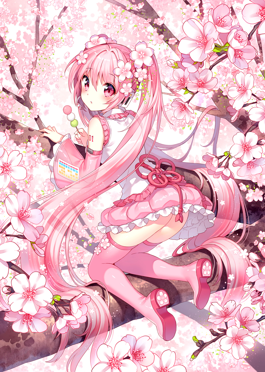 1girl :o ass bangs bare_shoulders blush boots cherry_blossoms dango day detached_sleeves eyebrows_visible_through_hair flower food frilled_shirt frilled_skirt frilled_sleeves frills from_behind full_body hair_flower hair_ornament hatsune_miku headphones highres holding holding_food in_tree kneeling long_hair long_sleeves looking_at_viewer looking_back miniskirt nardack no_panties number_tattoo outdoors parted_lips petticoat pink pink_eyes pink_flower pink_footwear pink_hair pink_skirt sakura_miku see-through shadow shiny shiny_hair shirt shoulder_tattoo skirt solo symbol-shaped_pupils tareme tattoo thigh-highs thigh_boots tree tree_branch twintails very_long_hair vocaloid wagashi white_shirt wide_sleeves