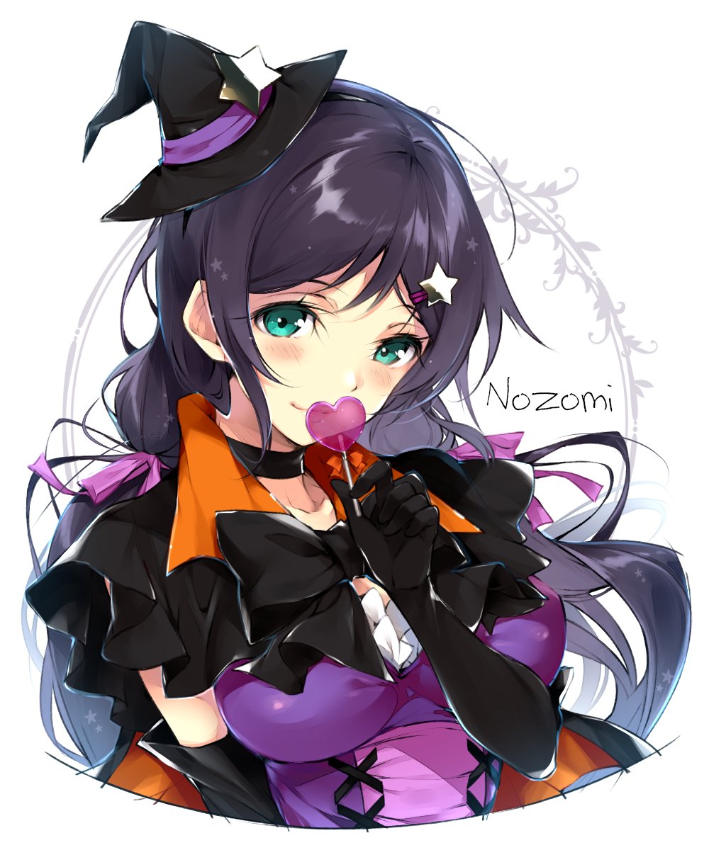1girl black_bow black_choker bow breasts candy character_name choker dancing_stars_on_me! dress food green_eyes hair_ornament hair_ribbon hairclip halloween hario_4 hat hat_ornament heart_lollipop highres large_breasts lollipop long_hair love_live! love_live!_school_idol_project low_twintails pink_ribbon purple_dress purple_hair ribbon solo star star_hair_ornament star_hat_ornament toujou_nozomi twintails upper_body witch_hat