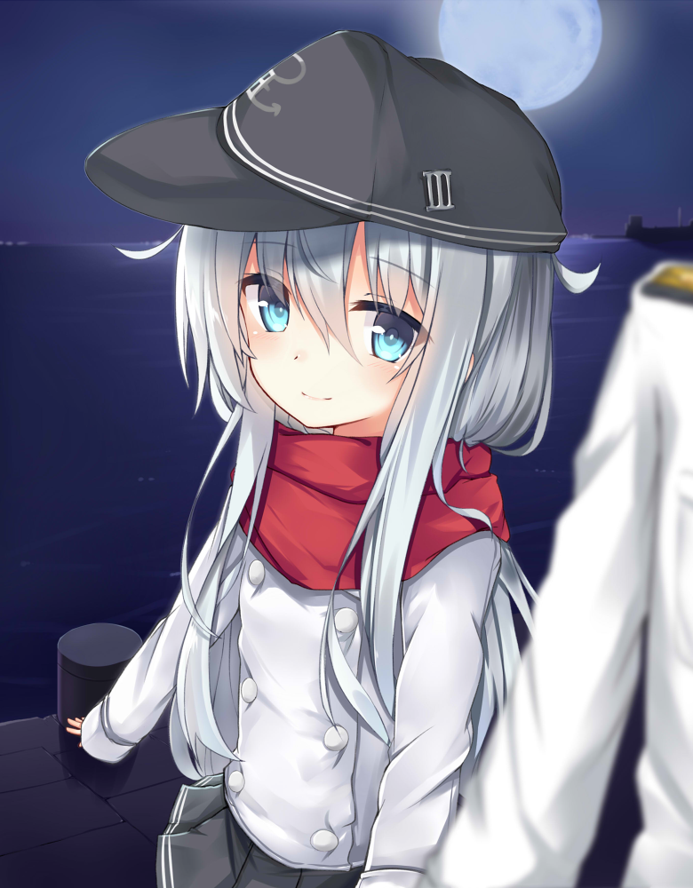 1girl admiral_(kantai_collection) anchor_symbol bangs black_hat black_skirt blue_eyes blurry blurry_foreground blush closed_mouth commentary_request depth_of_field enpera eyebrows_visible_through_hair flat_cap fukiaki full_moon hair_between_eyes hat hibiki_(kantai_collection) horizon jacket kantai_collection long_hair long_sleeves looking_at_viewer military_jacket moon night night_sky ocean outdoors pier pleated_skirt red_scarf scarf silver_hair skirt sky sleeves_past_wrists smile solo_focus very_long_hair water white_jacket