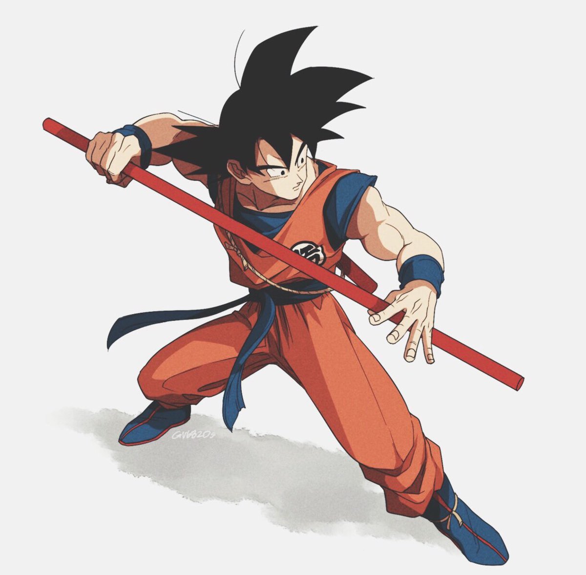 1boy black_eyes black_hair boots dougi downscaled dragon_ball dragonball_z expressionless fighting_stance fingernails grey_background looking_away male_focus md5_mismatch nyoibo resized shaded_face shadow short_hair simple_background son_gokuu spiky_hair tama_azusa_hatsu twitter_username wristband