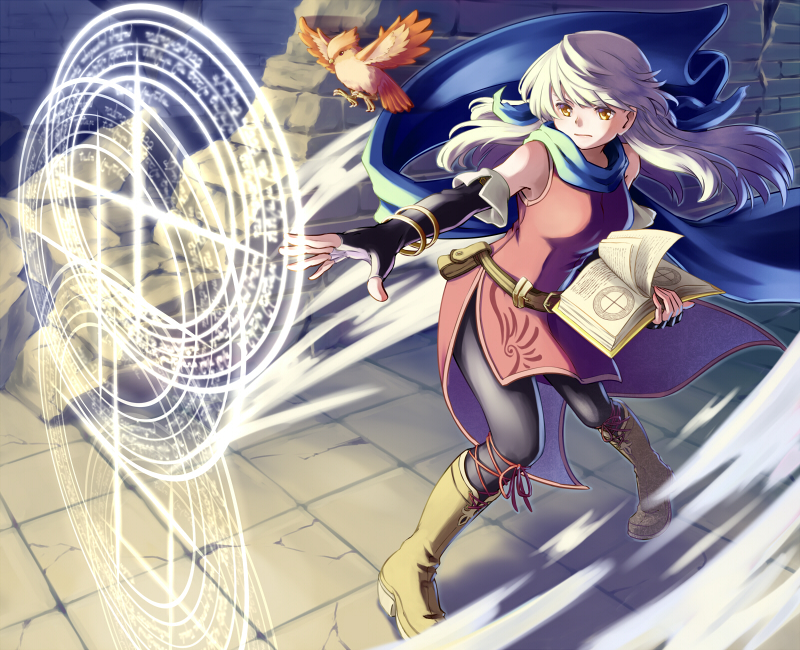 1girl bangle bare_shoulders bird black_gloves black_legwear blue_scarf boots bracelet dress elbow_gloves fingerless_gloves fire_emblem fire_emblem:_akatsuki_no_megami fortress gloves half_updo jewelry magic micaiah nogi_(jczu7445) pantyhose scarf serious side_slit silver_hair sleeveless sleeveless_dress solo spell yellow_eyes yune