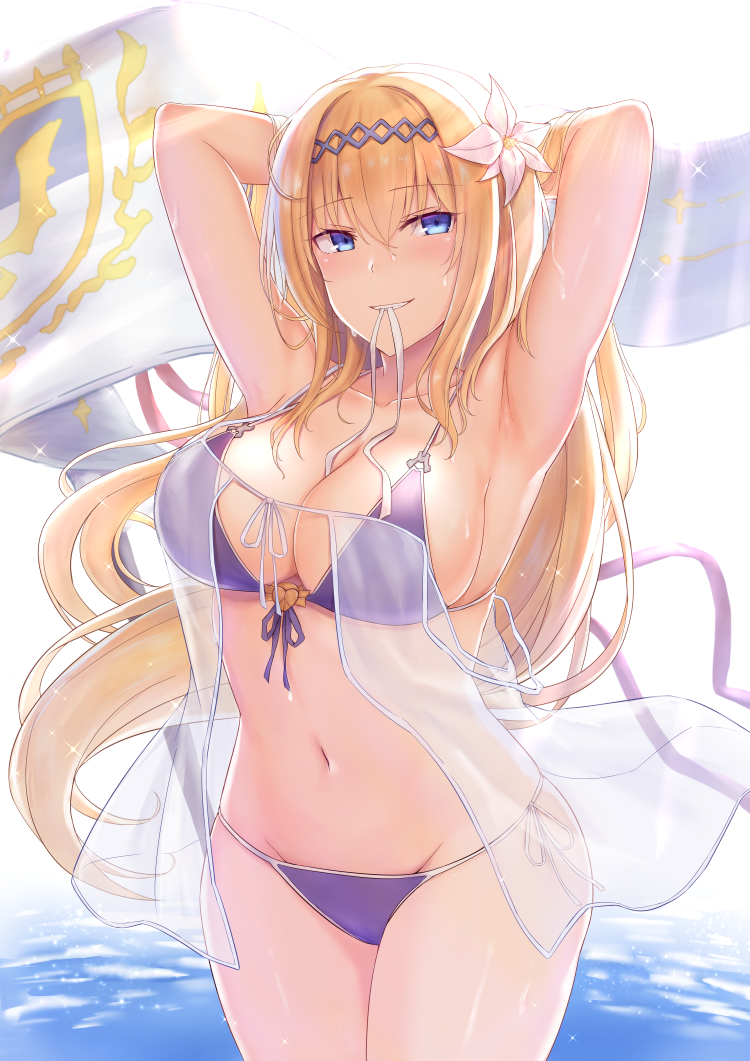 1girl armpits arms_up bikini blonde_hair blue_eyes blush breasts cai_geng flag flower granblue_fantasy groin hair_flower hair_ornament jeanne_d'arc_(granblue_fantasy) large_breasts long_hair looking_at_viewer mouth_hold navel side-tie_bikini solo swimsuit water