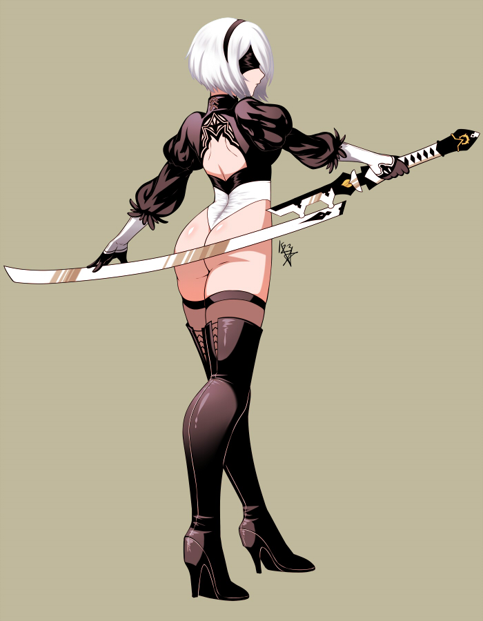 1girl ass back_cutout blindfold boots from_behind full_body grey_background hairband kitsune23star leotard nier_(series) nier_automata puffy_sleeves short_hair silver_hair simple_background solo sword thigh-highs thigh_boots weapon yorha_no._2_type_b