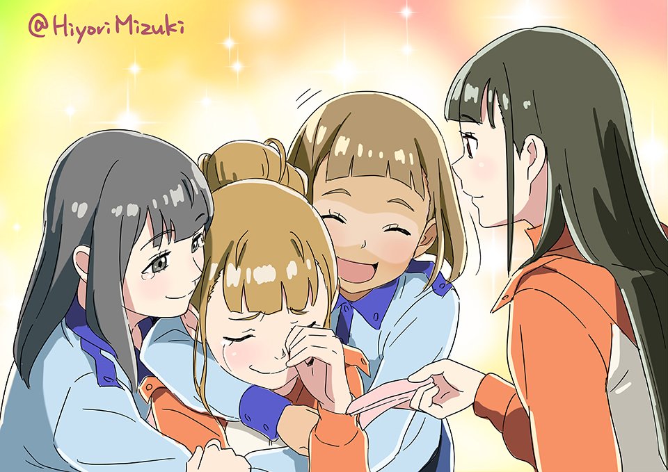 4girls bangs black_hair blunt_bangs brown_eyes brown_hair closed_eyes commentary crying eyebrows_visible_through_hair giving grey_eyes group_hug hair_bun happy_tears hiyori_mizuki hood hooded_jacket hug hug_from_behind jacket kobuchizawa_shirase long_hair miyake_hinata multiple_girls pajamas shiny shiny_skin shiraishi_yuzuki smile sora_yori_mo_tooi_basho sparkle sparkle_background tamaki_mari tan tearing_up tears tissue twitter_username