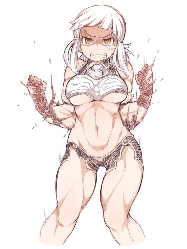 1girl anger_vein angry bandeau bangs bare_shoulders black_gloves black_panties blunt_bangs breasts clenched_hands clenched_teeth commentary_request exploding_clothes fate/grand_order fate_(series) fingerless_gloves gloves groin halterneck hands_up large_breasts long_hair looking_at_viewer motion_lines muscle muscular_female navel panties penthesilea_(fate/grand_order) shaded_face sidelocks simple_background solo standing stomach teeth thighs under_boob underwear ushi v-shaped_eyes white_background white_hair wing_collar yellow_eyes