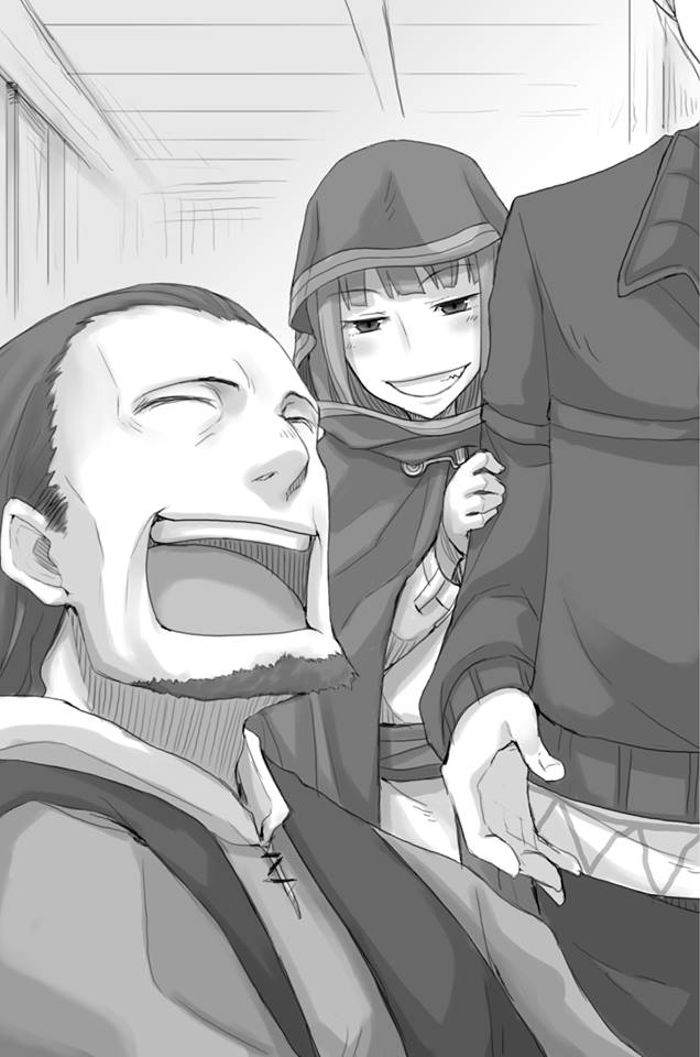 1girl 2boys :d ayakura_juu beard blush cape closed_eyes craft_lawrence eyebrows_visible_through_hair facial_hair greyscale grin holo hood hooded indoors laughing monochrome multiple_boys novel_illustration official_art open_mouth shirt_grab short_hair smile spice_and_wolf standing ted_reynolds very_short_hair