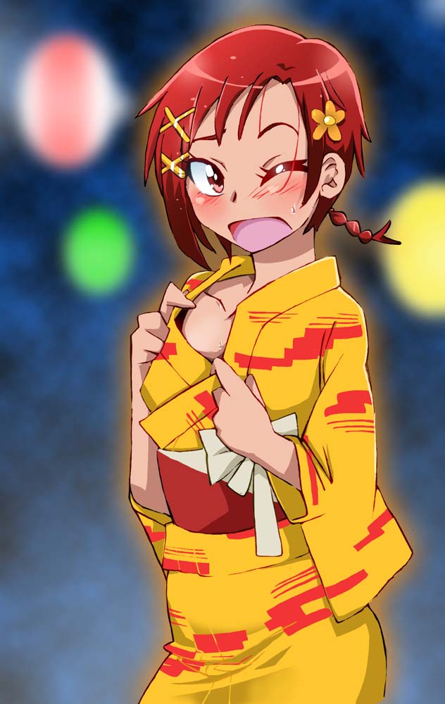 1girl commentary_request graphite_(medium) hino_akane_(smile_precure!) japanese_clothes kimono medium_hair millipen_(medium) onnaski open_mouth ponytail precure redhead shirt_pull shirt_tug smile smile_precure! solo traditional_media yukata