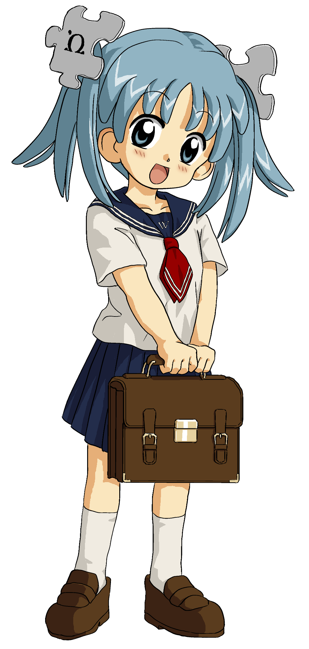 1girl bag blue_eyes blue_hair full_body highres initial kasuga39 loafers omega_symbol puzzle_piece school_bag school_uniform serafuku shoes short_hair short_twintails simple_background skirt smile socks solo standing twintails white_background wikipe-tan wikipedia