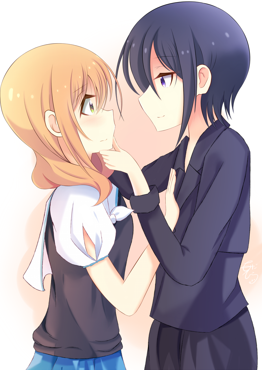 2girls amasajithira bangs black_hair black_jacket black_skirt blue_skirt blush chin_grab closed_mouth commentary_request enami_kiyose eye_contact eyebrows_visible_through_hair from_side green_eyes hair_between_eyes hand_on_another's_chin highres jacket light_brown_hair long_sleeves looking_at_another multiple_girls profile puffy_short_sleeves puffy_sleeves shirt short_sleeves skirt slow_start smile tokura_eiko violet_eyes white_shirt