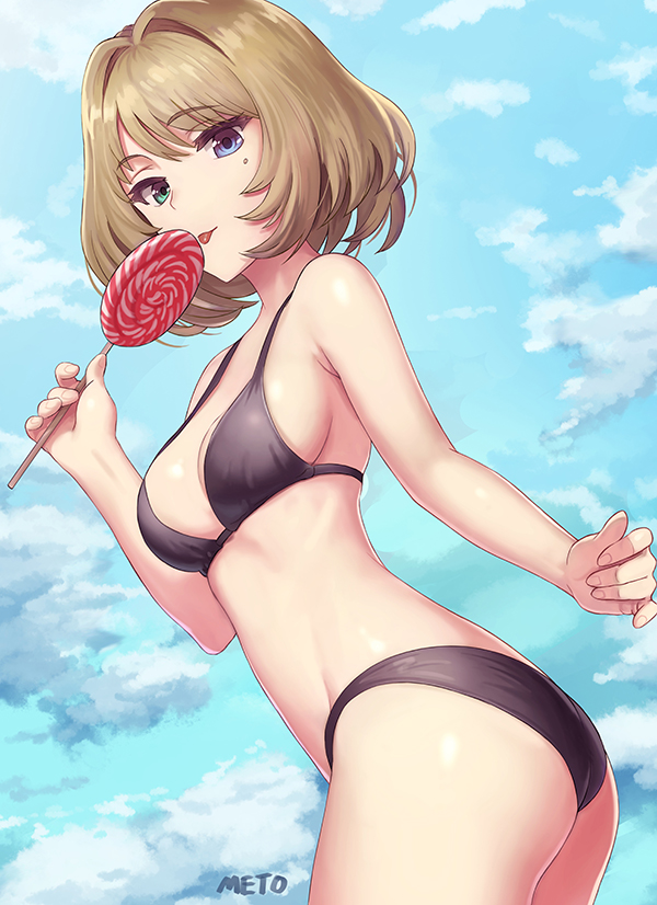 ass bikini black_bikini blue_eyes breasts candy cleavage clouds food green_eyes heterochromia idolmaster idolmaster_cinderella_girls licking lollipop looking_at_viewer looking_back medium_breasts meto31 mole mole_under_eye short_hair sideboob sky swimsuit takagaki_kaede tongue tongue_out