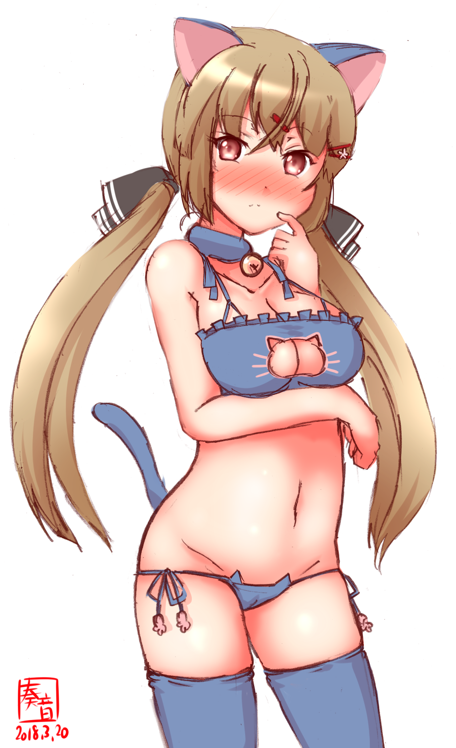 1girl alternate_costume bell bell_choker blue_bra blue_legwear blue_panties bra breasts brown_hair cat_cutout cat_ear_panties cat_lingerie choker cleavage cleavage_cutout dated frilled_bra frills groin hair_between_eyes hair_ornament hairclip highres jingle_bell kanon_(kurogane_knights) kantai_collection logo long_hair low_twintails lowleg lowleg_panties medium_breasts meme_attire panties red_eyes side-tie_panties simple_background solo tashkent_(kantai_collection) thigh-highs twintails underwear underwear_only white_background