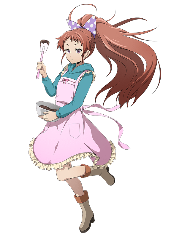 1girl apron blue_sweater boots bow brown_eyes brown_hair chocolate floating_hair frilled_apron frills full_body grey_footwear hair_bow holding hood hooded_sweater isami_(log_horizon) log_horizon long_hair looking_at_viewer official_art one_leg_raised parted_lips pink_apron polka_dot polka_dot_bow solo standing standing_on_one_leg sweater transparent_background very_long_hair violet_eyes