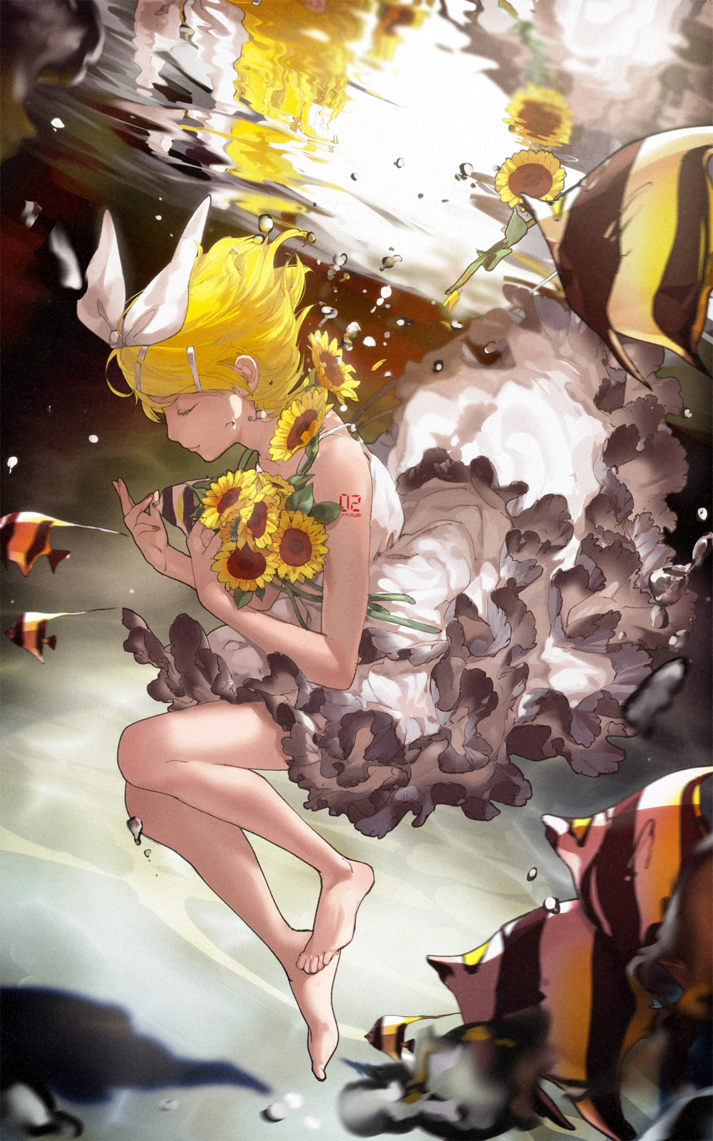 1girl air_bubble arm_tattoo bare_legs barefoot blonde_hair blurry bouquet bow bubble calm closed_eyes depth_of_field dress fish floating_hair flower frilled_dress frills hair_bow hair_ornament hairclip highres holding kagamine_rin moorish_idol number_tattoo profile reflection sawashi_(ur-sawasi) short_hair smile solo submerged sundress sunflower sunflower_petals tattoo underwater vocaloid water white_dress