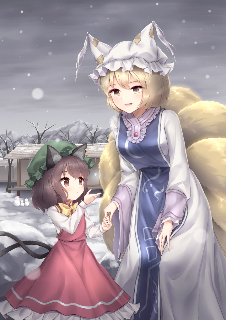 2girls :d animal_ears bare_tree blonde_hair brown_eyes brown_hair cat_ears cat_tail chen commentary fox_tail grey_sky hand_holding hat hat_with_ears kyuubi long_sleeves minust multiple_girls multiple_tails open_mouth short_hair smile snow snowing snowman tail touhou tree two_tails yakumo_ran yellow_eyes