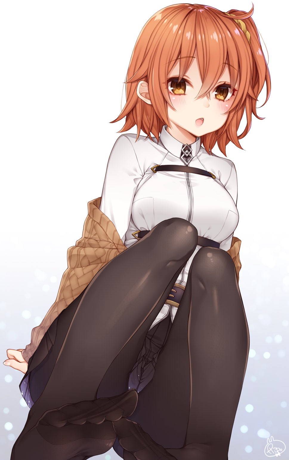 1girl ahoge bangs belt_buckle black_legwear black_skirt blush breasts buckle chaldea_uniform clothes_around_waist collared_shirt fate/grand_order fate_(series) fujimaru_ritsuka_(female) hair_ornament hair_scrunchie highres legs looking_at_viewer medium_breasts medium_hair no_shoes one_side_up open_mouth orange_eyes orange_hair pantyhose pleated_skirt rip_(zzz_rip_zzz) scrunchie shiny shiny_hair shirt side_ponytail simple_background sitting skirt solo sweater sweater_around_waist thighs underwear white_background white_shirt yellow_eyes