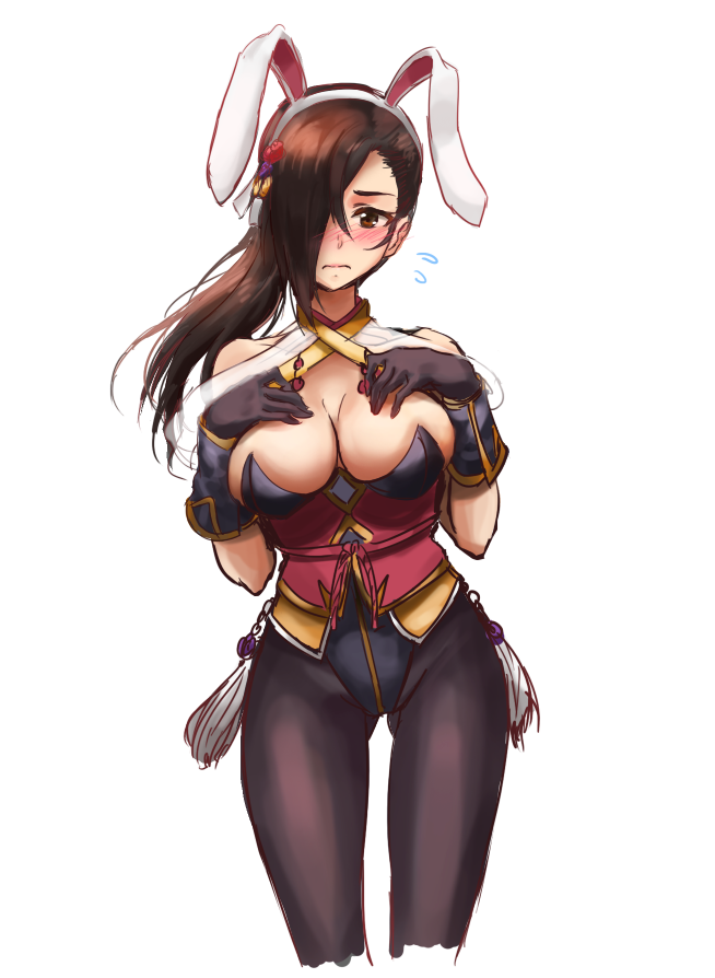 1girl alternate_costume animal_ears athenawyrm blush breasts brown_hair bunnysuit cleavage fire_emblem fire_emblem_heroes fire_emblem_if gluteal_fold kagerou_(fire_emblem_if) large_breasts pantyhose rabbit_ears solo thigh_gap