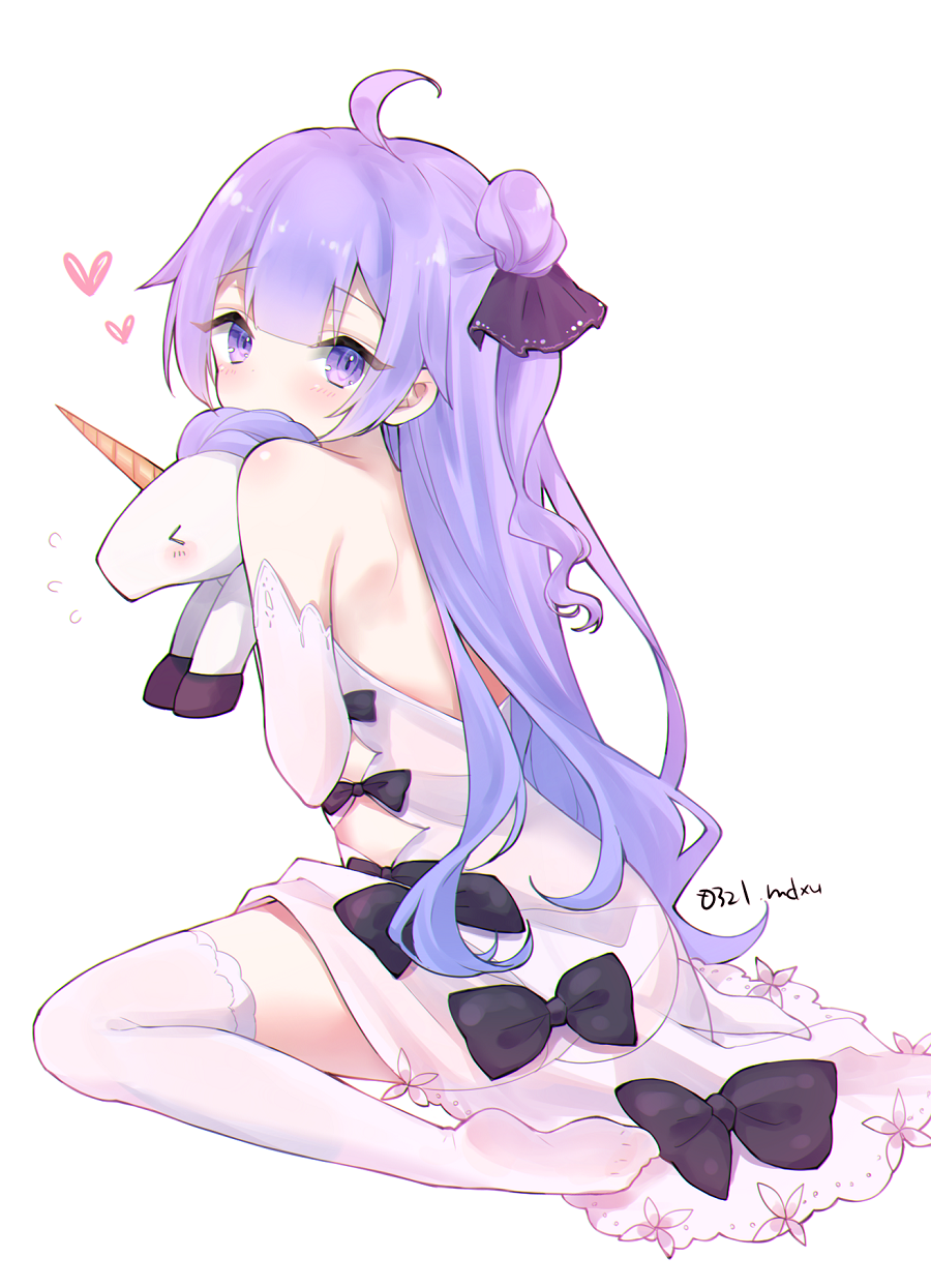 &gt;_&lt; 1girl ahoge ass azur_lane back bangs bare_shoulders black_bow black_ribbon blush bow covered_mouth detached_sleeves dress eyebrows_visible_through_hair hair_bun hair_ribbon heart highres long_hair looking_at_viewer looking_back mimelond no_shoes panties purple_hair ribbon see-through side_bun simple_background sitting solo stuffed_animal stuffed_toy stuffed_unicorn thigh-highs underwear unicorn_(azur_lane) violet_eyes wariza white_background white_dress white_legwear white_panties