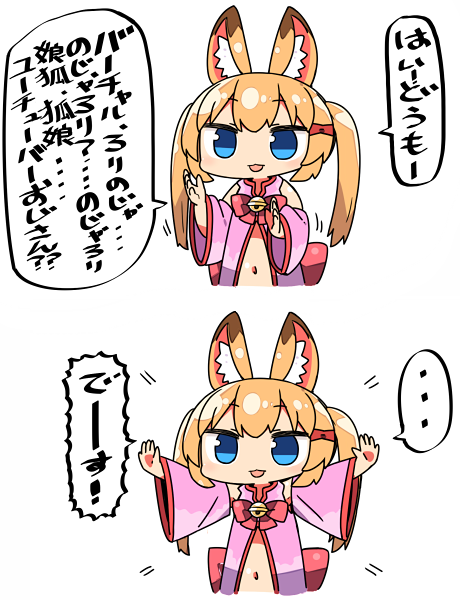 ... 1girl 2koma :d animal_ears bell blonde_hair blue_eyes bow bowtie brown_hair check_translation china_dress chinese_clothes comic detached_sleeves dress emphasis_lines eyebrows_visible_through_hair fox_ears hair_bow hands_up jingle_bell kanikama kemomimi_vr_channel long_hair long_sleeves looking_at_viewer mikoko_(kemomimi_vr_channel) navel open_mouth outstretched_arms pink_dress red_bow red_neckwear smile spoken_ellipsis spread_arms translation_request twintails virtual_youtuber wide_sleeves