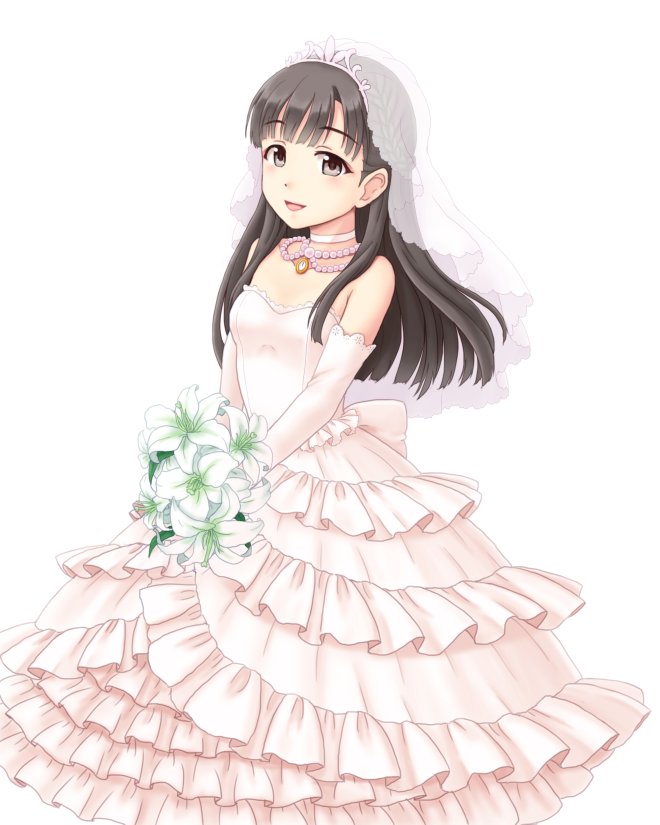 1girl bangs bare_shoulders blush bouquet braid breasts bridal_veil bride brown_eyes brown_hair choker cowboy_shot dress elbow_gloves eyebrows_visible_through_hair flower frills gloves gomi_(gomitin) gown holding holding_bouquet idolmaster idolmaster_cinderella_girls jewelry kobayakawa_sae long_hair looking_at_viewer medium_breasts necklace open_mouth simple_background smile solo straight_hair strapless strapless_dress veil wedding_dress white_background white_dress white_flower white_gloves