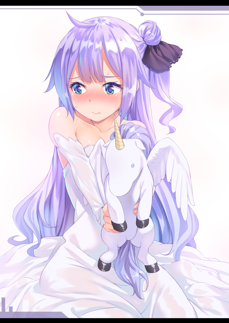 1girl ahoge arm_warmers azur_lane bare_shoulders blush bow breasts collarbone dress hair_bow hair_bun highres horns long_hair looking_away looking_to_the_side purple_hair shy sleeveless sleeveless_dress solo strapless strapless_dress stuffed_pegasus stuffed_unicorn sweatdrop tenkuu_nozora unicorn_(azur_lane) very_long_hair violet_eyes wavy_mouth white_dress wings