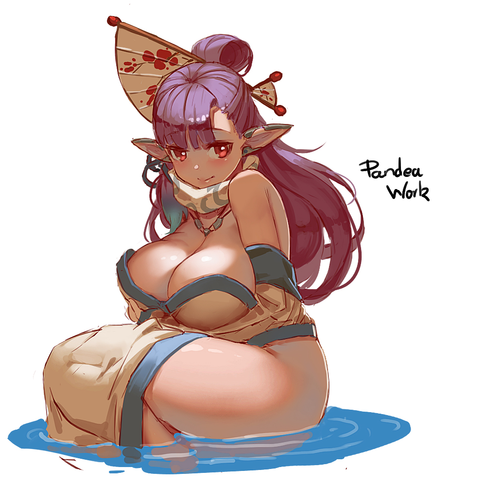 1girl bare_shoulders blush breasts cleavage copyright_request hair_ornament large_breasts long_hair looking_at_viewer pandea_work pointy_ears purple_hair red_eyes sitting smile solo water