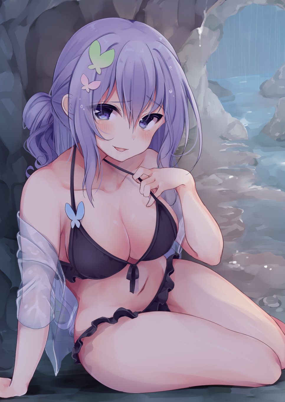 1girl bikini black_bikini blush breasts cleavage copyright_request hair_ornament highres large_breasts long_hair looking_at_viewer momoirone navel open_mouth purple_hair sitting solo swimsuit violet_eyes
