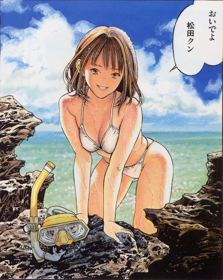 arm_support bikini breasts brown_eyes brown_hair day goggles goggles_removed grin i"s katsura_masakazu leaning_forward long_hair looking_at_viewer medium_breasts official_art outdoors smile snorkel speech_bubble swimsuit wet white_bikini yoshizuki_iori