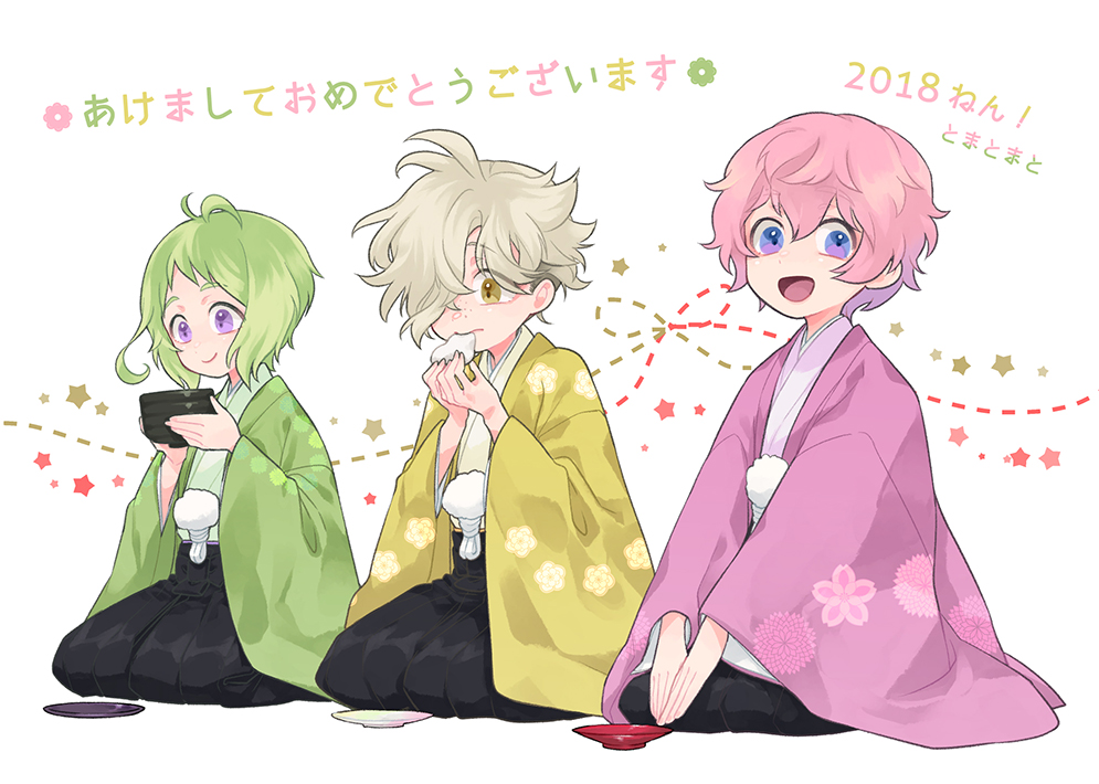 3boys akita_toushirou blonde_hair eating gokotai green_hair japanese_clothes looking_at_viewer mouri_toushirou multiple_boys pink_hair smile tomatoma_(10mato_ma10) touken_ranbu violet_eyes yellow_eyes