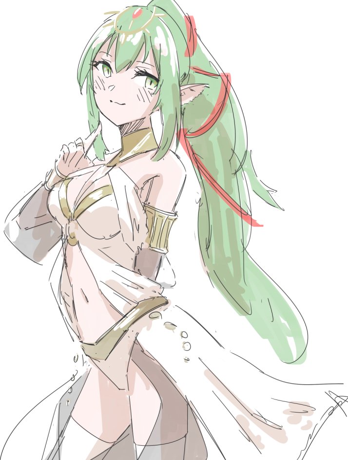 1girl blush breasts chiki cosplay fire_emblem fire_emblem:_kakusei fire_emblem:_mystery_of_the_emblem fire_emblem_heroes fire_emblem_if green_eyes green_hair hair_ornament hairband jewelry long_hair looking_at_viewer mamkute midriff navel olivia_(fire_emblem) olivia_(fire_emblem)_(cosplay) pointy_ears ponytail simple_background sketchy solo tiara