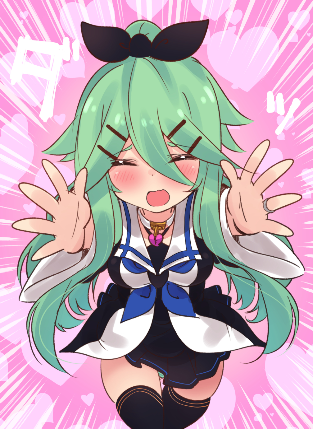 1girl black_bow black_legwear blue_neckwear blush bow breasts closed_eyes collar commentary_request emphasis_lines eyebrows_visible_through_hair eyes_visible_through_hair gluteal_fold green_hair hair_between_eyes hair_bow hair_ornament hairclip heart heart_lock_(kantai_collection) highres jewelry kantai_collection long_hair neckerchief necklace open_mouth outstretched_arms panties pantyshot pantyshot_(standing) pink_background pov reaching_out ring running skindentation solo standing suzuki_toto thigh-highs underwear wedding_band yamakaze_(kantai_collection)