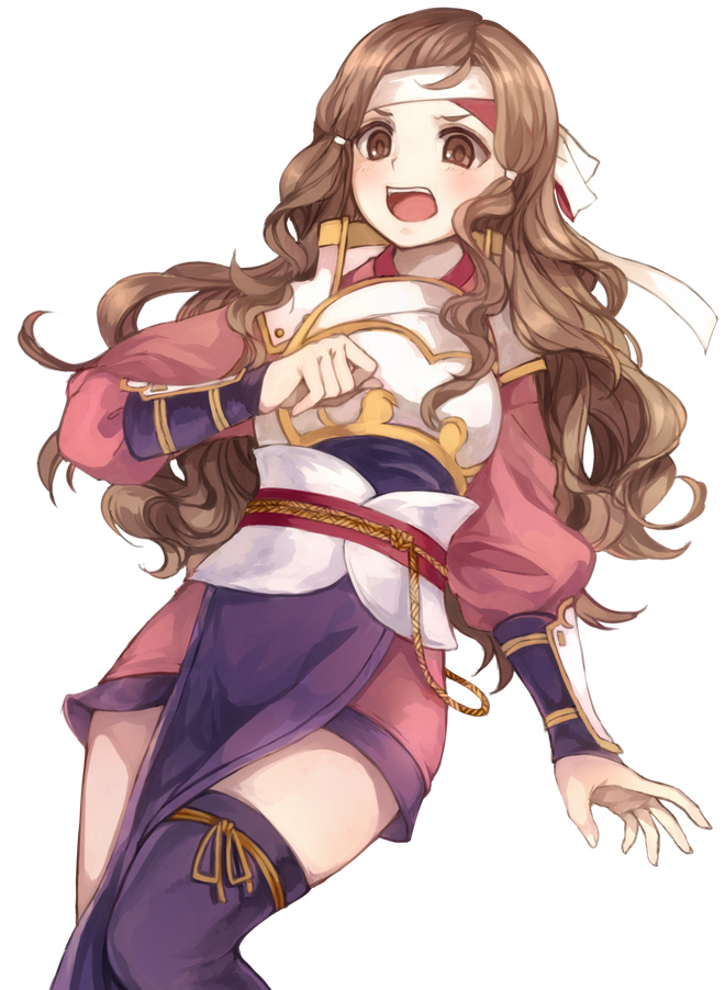 1girl blush bracer breastplate brown_eyes brown_hair cowboy_shot dutch_angle fire_emblem fire_emblem_if headband japanese_clothes jurge kazahana_(fire_emblem_if) kimono long_hair obi open_mouth pelvic_curtain purple_legwear sash short_kimono simple_background solo thigh-highs wavy_hair white_background