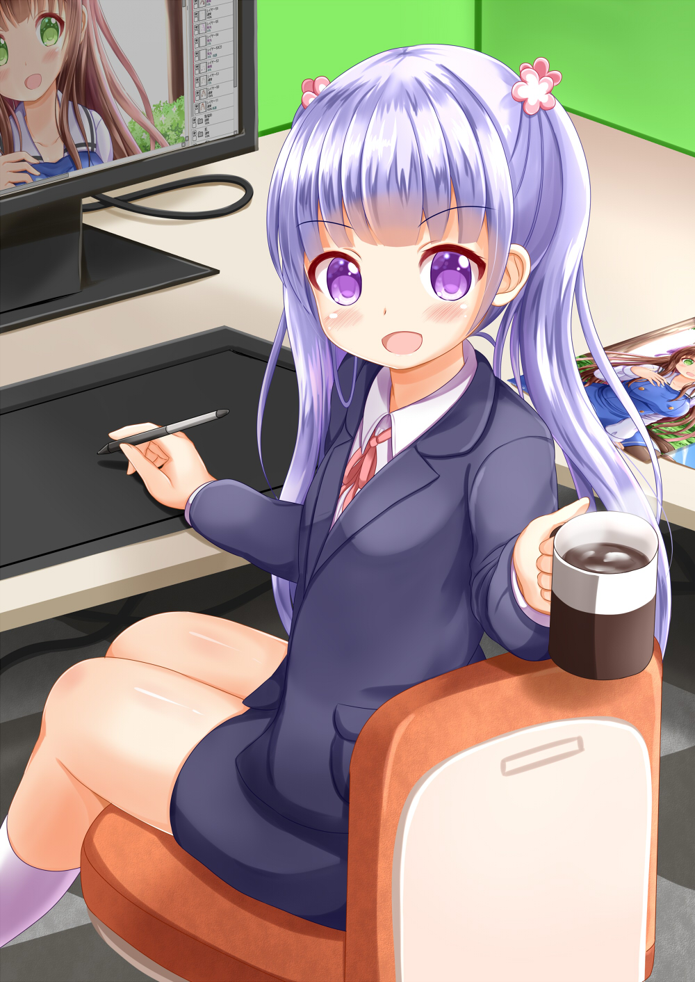 1girl :d bangs black_jacket black_skirt blush chair coffee coffee_mug collared_shirt commentary_request company_connection drawing_tablet eyebrows_visible_through_hair gochuumon_wa_usagi_desu_ka? highres holding holding_mug holding_stylus indoors jacket long_hair looking_at_viewer manga_time_kirara new_game! on_chair open_mouth purple_hair shirt sitting skirt smile socks solo stylus suzukaze_aoba tablet twintails ujimatsu_chiya very_long_hair violet_eyes white_legwear white_shirt zenon_(for_achieve)