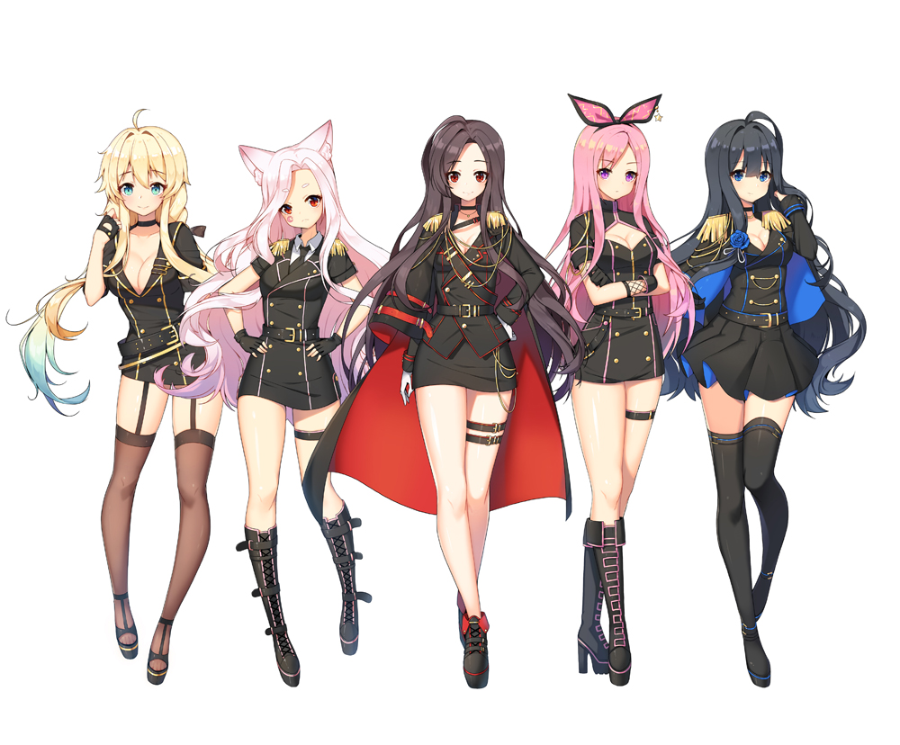 5girls ahoge animal_ears black_footwear black_gloves black_hair black_legwear black_neckwear black_skirt blonde_hair blue_eyes blue_hair blush boots breasts cat_ears character_request choker cleavage closed_mouth collarbone copyright_request eyebrows_visible_through_hair fingerless_gloves garter_straps gloves green_eyes hairband knee_boots large_breasts long_hair looking_at_viewer multicolored_hair multiple_girls necktie pink_hair red_eyes skirt smile thigh-highs tp_(kido_94) two-tone_hair violet_eyes