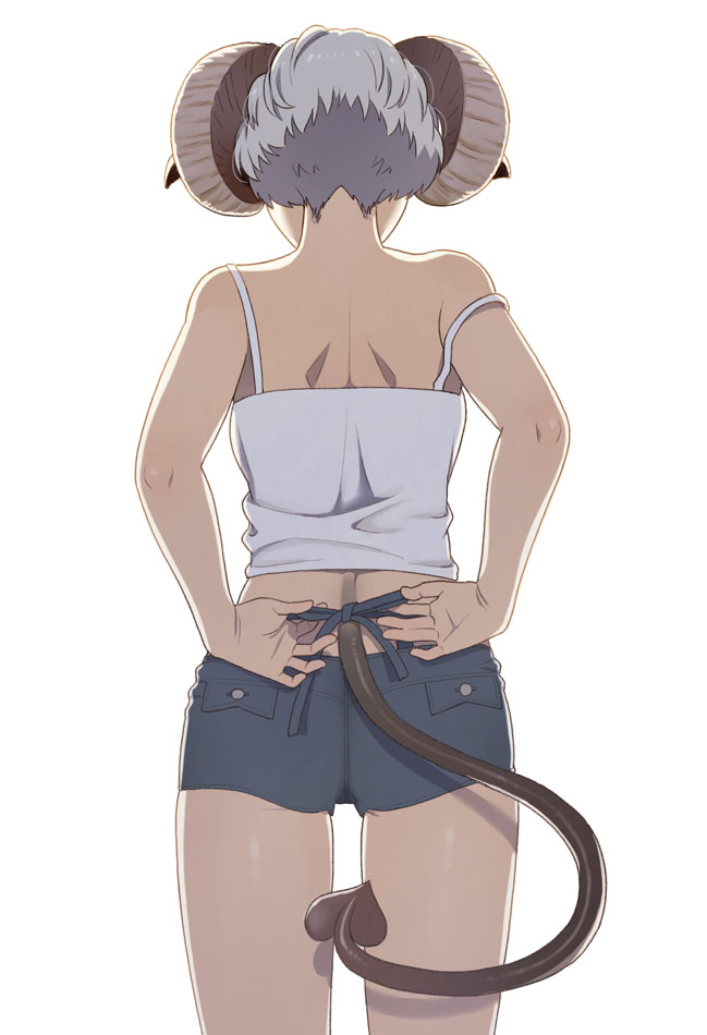 1girl camisole demon_girl demon_tail facing_away from_behind grey_hair horns mattaku_mousuke original sheep_horns short_hair short_shorts shorts solo tail white_background