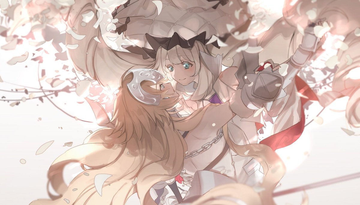 2girls aqua_eyes blush chains face-to-face fate/grand_order fate_(series) gauntlets gloves hand_on_another's_back hat headpiece jeanne_d'arc_(fate) jeanne_d'arc_(fate)_(all) large_hat long_hair looking_at_another marie_antoinette_(fate/grand_order) multiple_girls no-kan petals shadow silver_hair smile very_long_hair white_gloves white_hat yuri