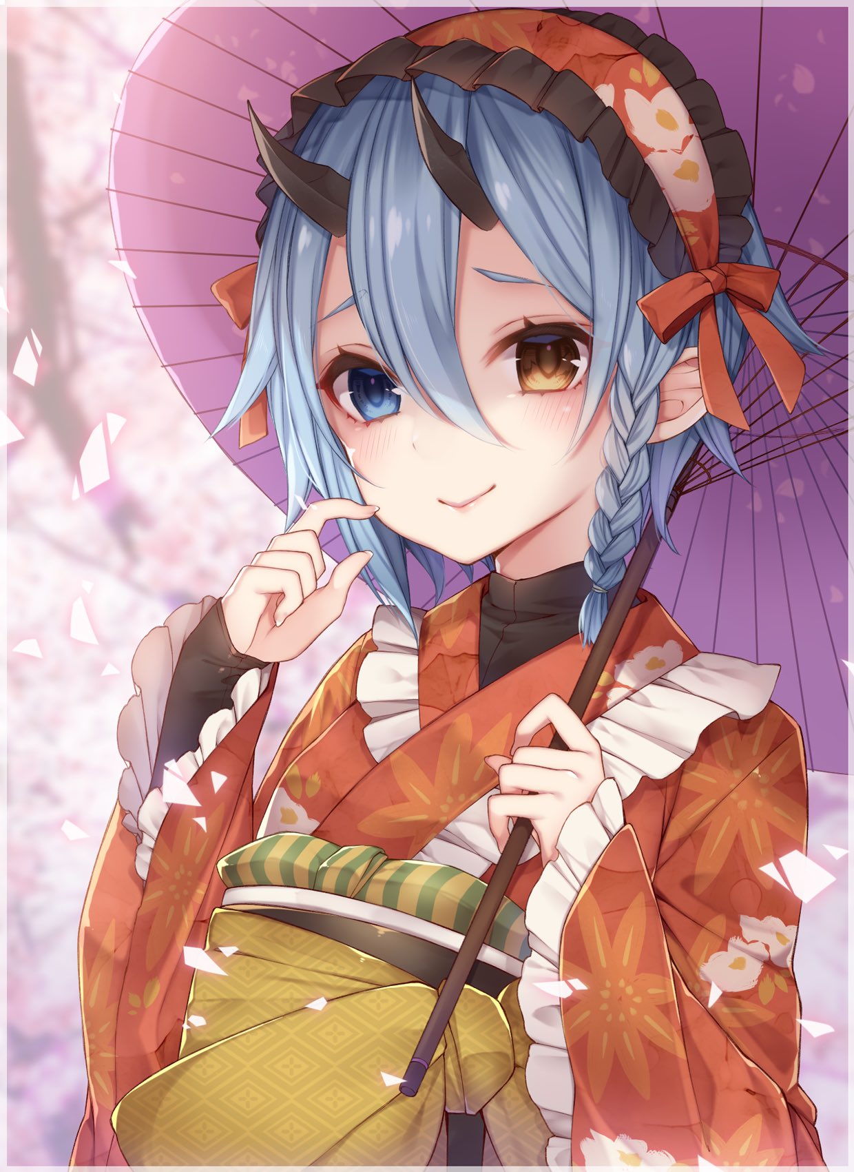 1girl bangs blue_eyes blue_hair braid eyebrows_visible_through_hair finger_to_cheek floral_background frill_trim frilled_kimono frills hair_between_eyes hair_braid heterochromia highres holding holding_umbrella horns io_(pso2) japanese_clothes kimono lips looking_at_viewer maid_headdress phantasy_star phantasy_star_online_2 red_kimono red_ribbon ribbon rip_(zzz_rip_zzz) sash short_hair solo umbrella upper_body yellow_eyes yellow_sash