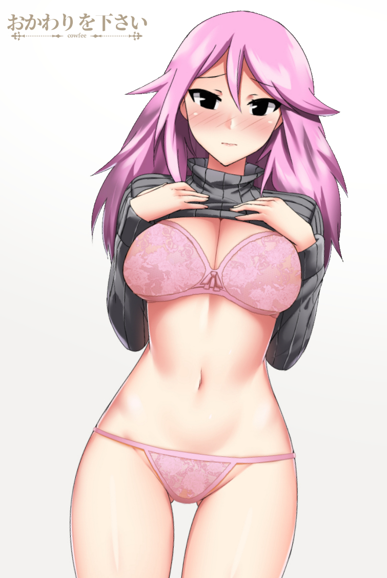 1girl artist_name black_eyes blush bra breasts character_request clothes_lift cowboy_shot fairy_tail gluteal_fold grey_sweater kaafi long_hair looking_at_viewer navel panties pink_bra pink_panties purple_hair ribbed_sweater simple_background solo stomach sweater sweater_lift underwear white_background