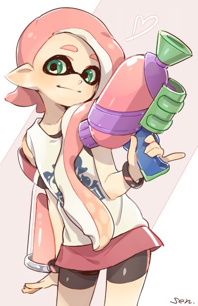 1girl artist_name black_shorts bracelet closed_mouth cowboy_shot green_eyes hair_over_shoulder heart holding holding_weapon ink_tank_(splatoon) inkling jewelry light_smile long_hair looking_at_viewer pink_hair pinky_out print_shirt sen_squid shirt shorts signature single_vertical_stripe solo splatoon splatoon_2 splattershot_(splatoon) standing strap_slip tank_top weapon white_shirt