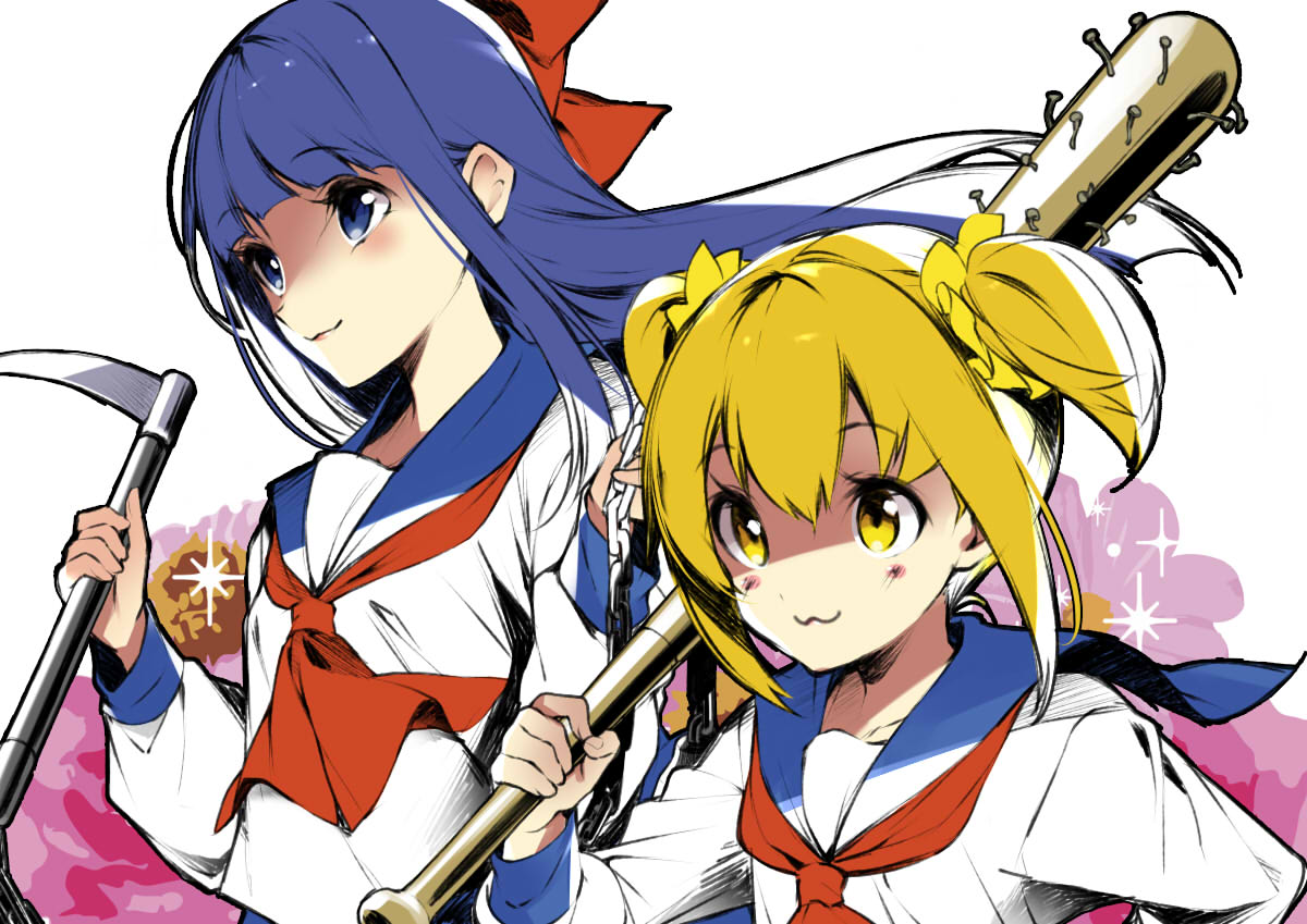 2girls :3 baseball_bat blonde_hair blue_hair blue_sailor_collar bow chains commentary_request hair_bow hair_ornament hair_scrunchie hario_4 holding holding_weapon long_hair multiple_girls nail nail_bat neckerchief pipimi poptepipic popuko red_bow red_neckwear sailor_collar school_uniform scrunchie serafuku shaded_face sickle twintails weapon yellow_eyes yellow_scrunchie