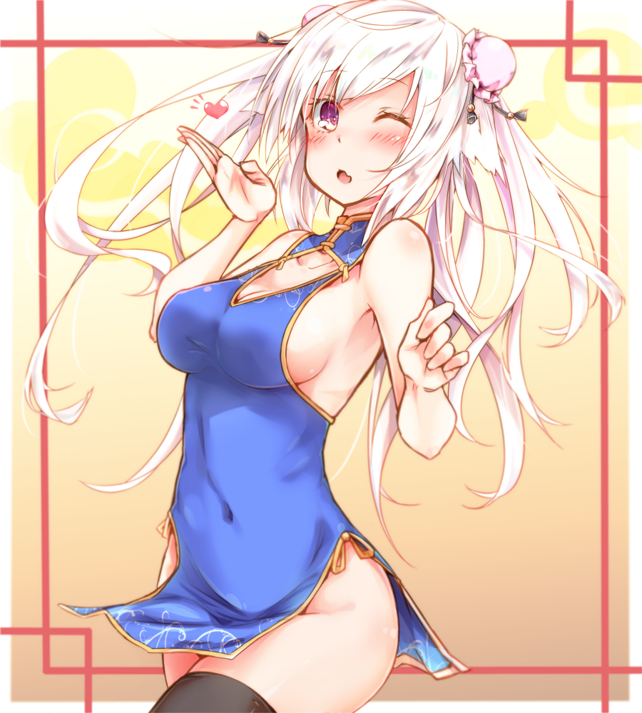 1girl ;o bangs bare_arms bare_shoulders black_legwear blue_dress blush breasts bun_cover china_dress chinese_clothes cleavage cleavage_cutout commentary_request covered_navel double_bun dress eyebrows_visible_through_hair fang heart large_breasts long_hair no_panties one_eye_closed open_mouth original pelvic_curtain rinrin_(927413) side_bun sideboob sleeveless sleeveless_dress solo thigh-highs very_long_hair violet_eyes white_hair