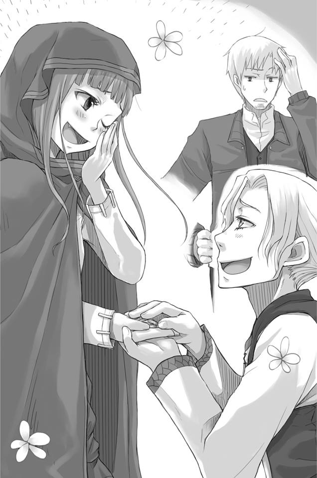 1girl 2boys :d ;d ayakura_juu blush cape craft_lawrence dress_shirt fang flower from_side greyscale hand_holding hand_on_head hand_on_hip holo hood hooded jacket monochrome multiple_boys novel_illustration official_art one_eye_closed open_mouth shirt smile spice_and_wolf standing sweatdrop weiz