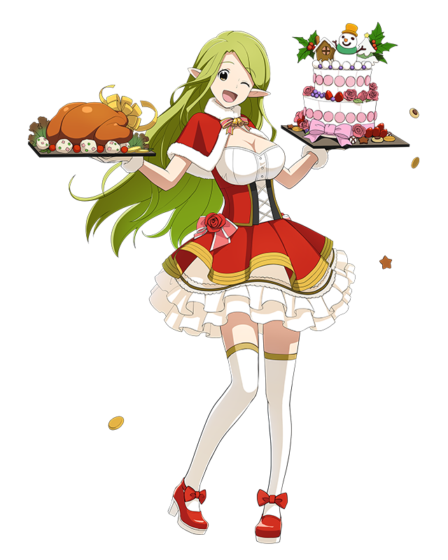 1girl ;) ;d ankle_bow ankle_ribbon bow breasts cake cleavage coin dress eyebrows_visible_through_hair floating_hair food full_body green_eyes green_hair head_tilt holding large_breasts layered_dress log_horizon long_hair marielle_(log_horizon) mary_janes official_art one_eye_closed open_mouth pointy_ears red_bow red_capelet red_footwear ribbon shoes short_dress smile solo standing thigh-highs transparent_background very_long_hair white_legwear zettai_ryouiki
