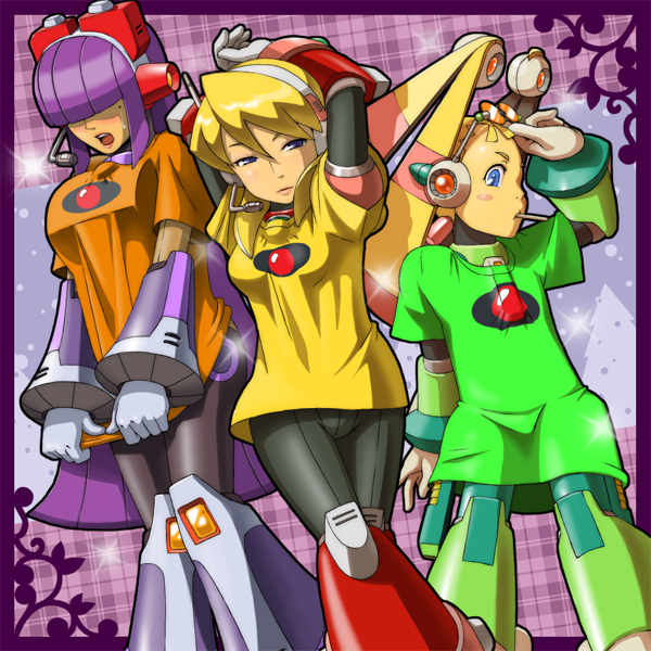 3girls alia_(rockman) android arm_over_head arms_behind_head bangs blonde_hair blue_eyes blush candy dark_skin eyewear_on_head food fringe gloves hair_over_eyes headgear headphones hime_cut layer lips lollipop looking_to_the_side multiple_girls napo open_mouth palette_(rockman) purple_hair rockman rockman_x rockman_x8 shirt shirt_grab shirt_pull sidelocks t-shirt white_gloves