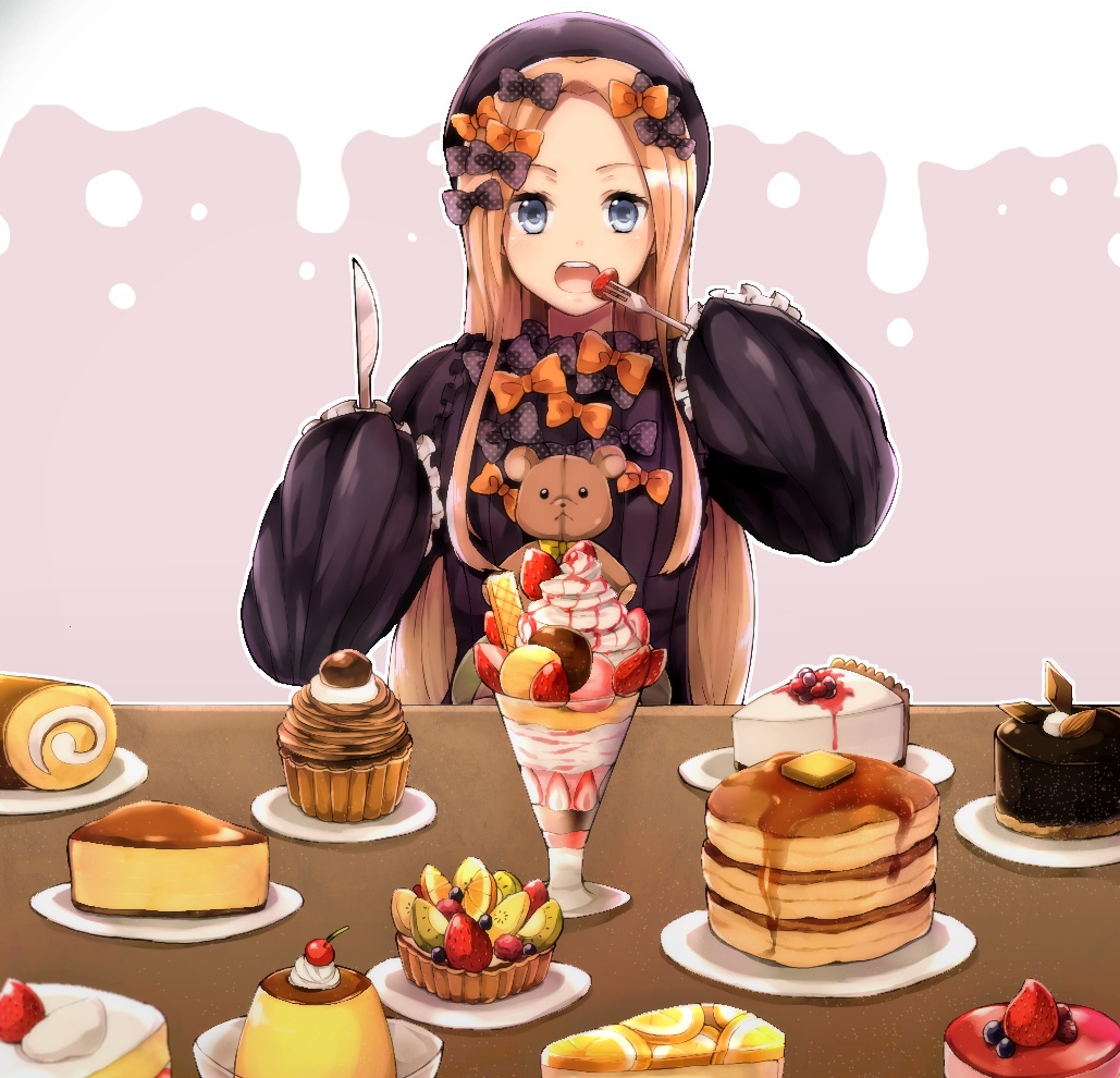 1girl abigail_williams_(fate/grand_order) bangs black_bow black_dress black_hat blonde_hair blue_eyes blueberry bow cake cheesecake cherry commentary_request dress eyebrows_visible_through_hair fate/grand_order fate_(series) food forehead fork fruit hair_bow hat holding holding_fork holding_knife knife long_hair long_sleeves looking_at_viewer open_mouth orange_bow pancake parfait parted_bangs plate polka_dot polka_dot_bow pudding sleeves_past_fingers sleeves_past_wrists slice_of_cake solo stack_of_pancakes strawberry stuffed_animal stuffed_toy table teddy_bear upper_teeth very_long_hair whipped_cream woumu