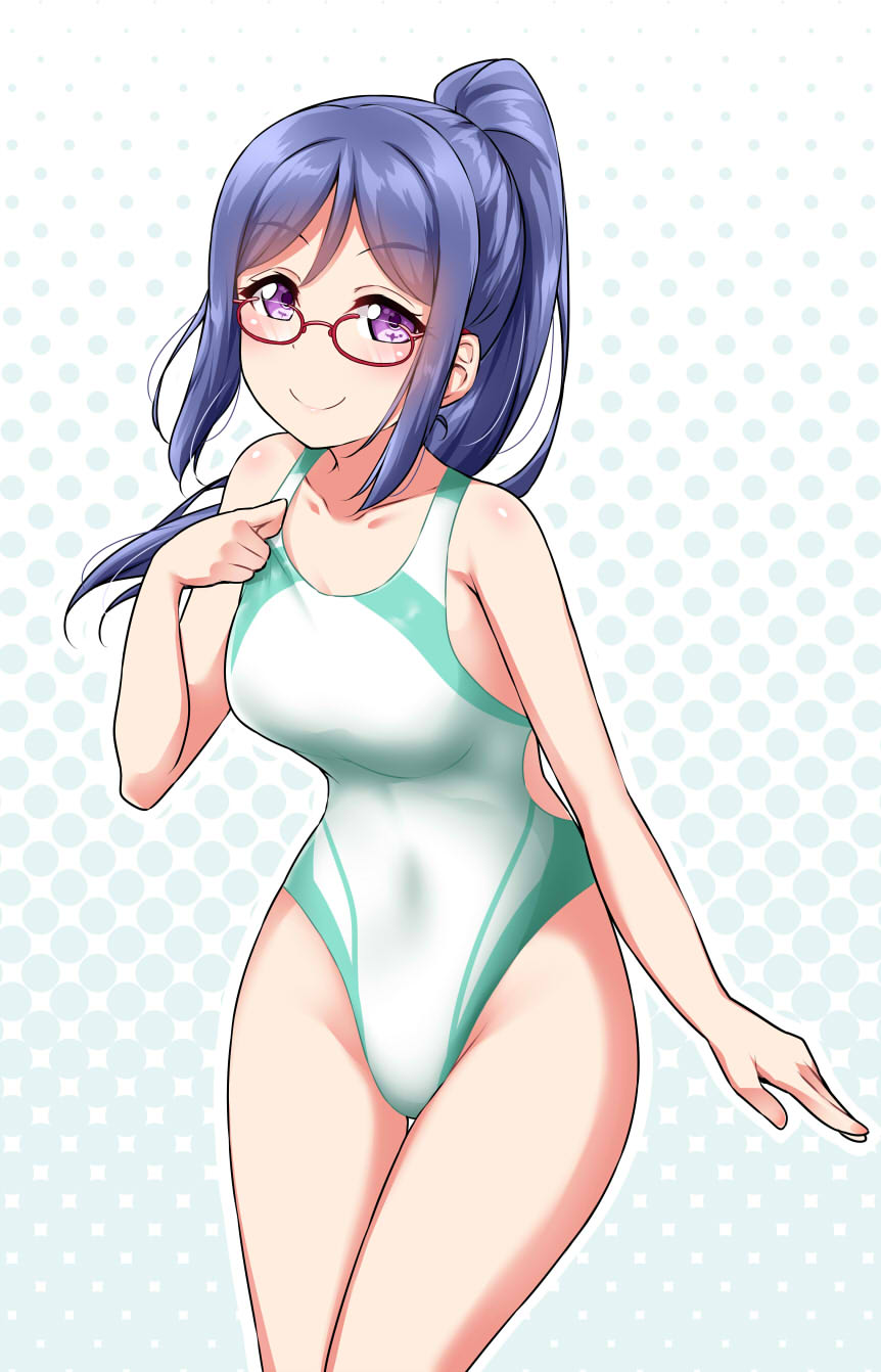 1girl bespectacled blue_hair clenched_hand collarbone commentary_request covered_navel eyebrows_visible_through_hair glasses groin halftone halftone_background hand_on_own_chest highleg highleg_swimsuit highres long_hair long_ponytail looking_at_viewer love_live! love_live!_sunshine!! matsuura_kanan one-piece_swimsuit ponytail red-framed_eyewear smile solo swimsuit violet_eyes yopparai_oni