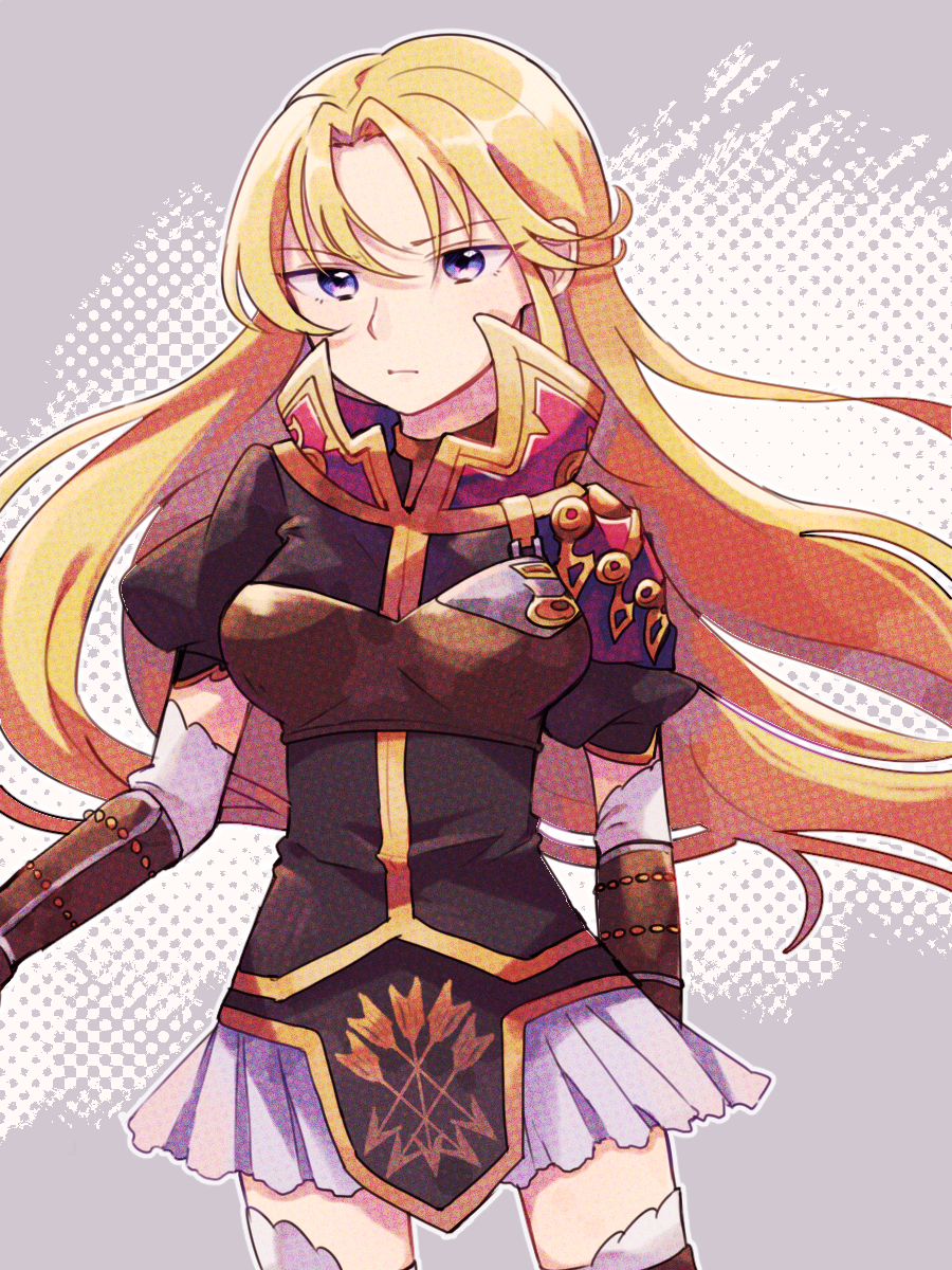 1girl blonde_hair breastplate breasts cowboy_shot dress elbow_gloves expressionless fire_emblem fire_emblem:_mystery_of_the_emblem fire_emblem_heroes gloves highres kuraine lavender_background long_hair looking_at_viewer medium_breasts short_dress simple_background sisuko1016 solo thigh-highs violet_eyes zettai_ryouiki