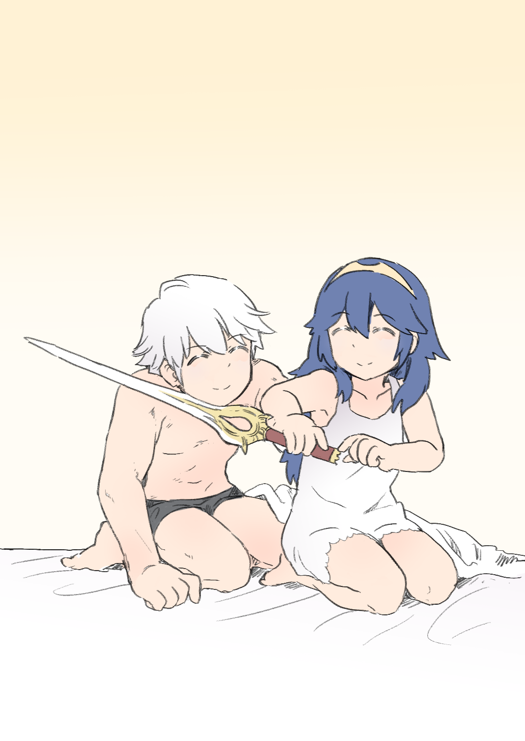 1girl blue_hair blush camisole closed_eyes couple falchion_(fire_emblem) fire_emblem fire_emblem:_kakusei highres long_hair lucina male_my_unit_(fire_emblem:_kakusei) my_unit_(fire_emblem:_kakusei) navel sekaihebi short_hair smile tiara underwear white_hair