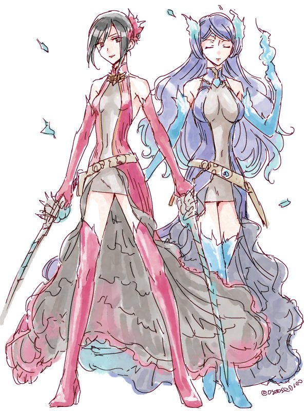 2girls breasts closed_eyes collarbone cosplay dress dual_wielding fire gloves kagutsuchi_(xenoblade) kagutsuchi_(xenoblade)_(cosplay) long_hair medium_breasts meleph_(xenoblade) multiple_girls navel oseo purple_hair smile sword weapon white_background xenoblade xenoblade_2