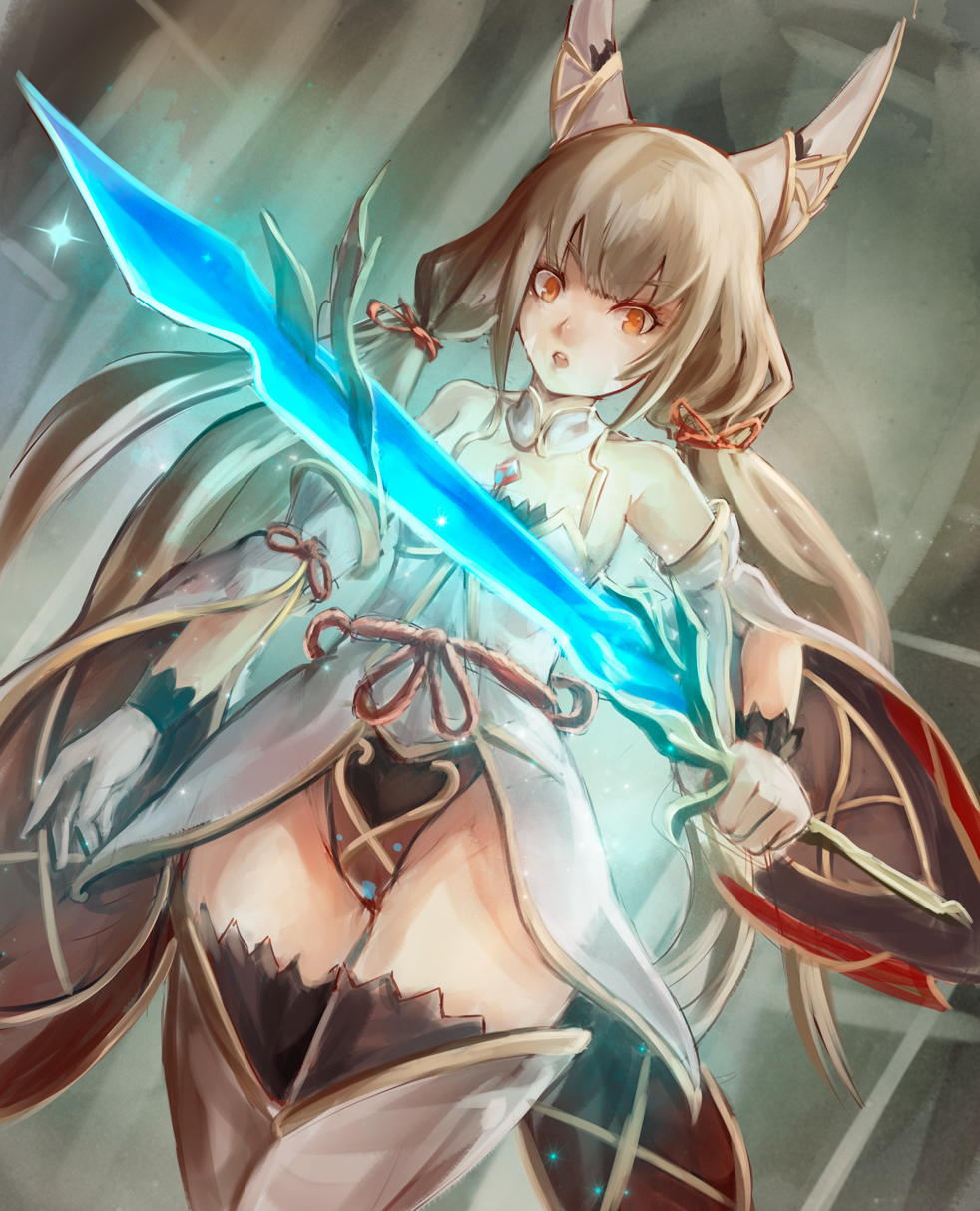 1girl animal_ears cat_ears detached_sleeves gloves highres japanese_clothes leotard long_hair looking_at_viewer niyah silver_hair simple_background smile solo spoilers sword tomoichi twintails weapon xenoblade xenoblade_2 yellow_eyes